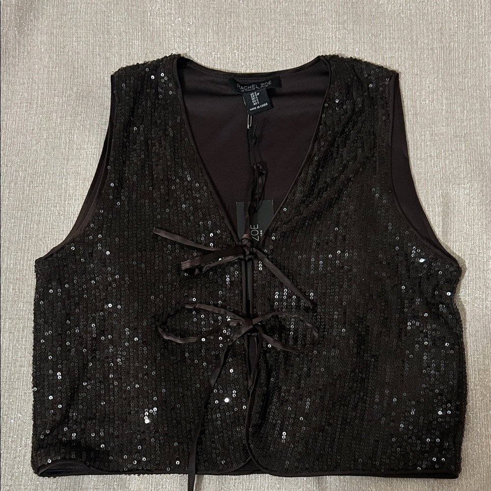 Brown Sequin Tie-Front Crop Vest